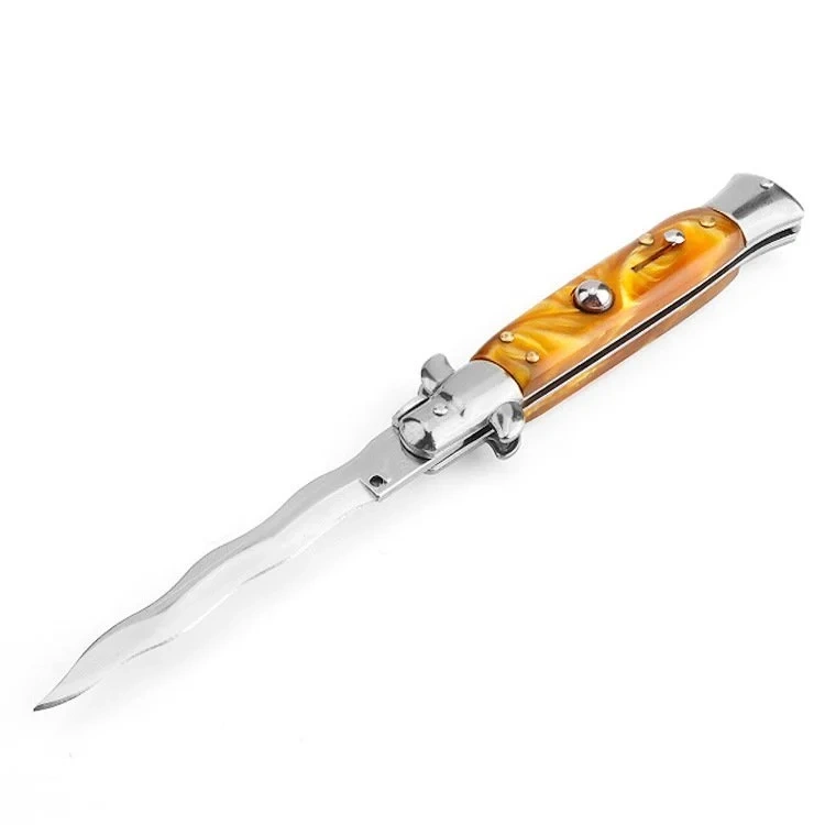 61c66db88a0694c4b6fcb2396923c577_副本.webp 8.75 Inch Italian Stiletto Switch Kris Blade Fick Knife Orange - Image 1