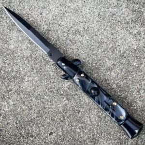 8.75 Inch Black Italian Stiletto Switch Pocket Knife Black Pearl - Image 3
