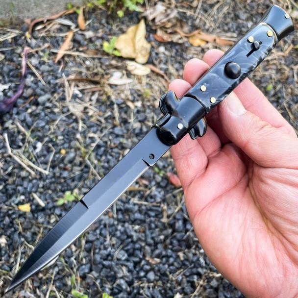 8.75_-Black-Italian-Stiletto-Switch-Blade-Pocket-Kn-5.jpg 8.75 Inch Black Italian Stiletto Switch Pocket Knife Black Pearl - Image 1