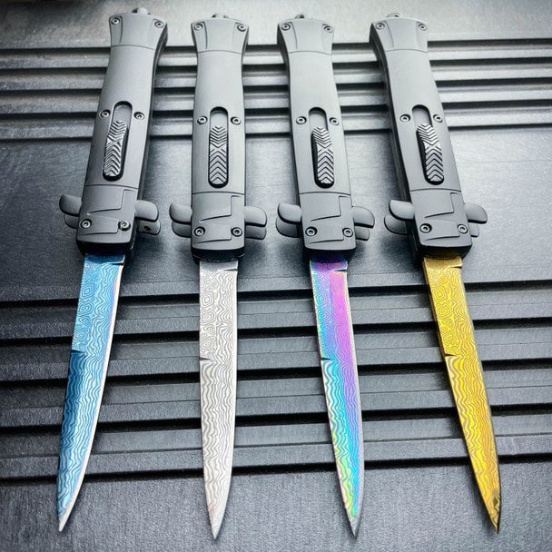 9_-Italian-Stiletto-Style-OTF-Knife-Damascus-Etch.jpg 9 inch Auto knife Italian Stiletto Style OTF Knife Damascus Etch - Image 1
